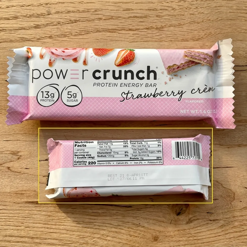 Front and back pink packaging of Power Crunch strawberry creme protein energy bar displaying the nutrition facts panel