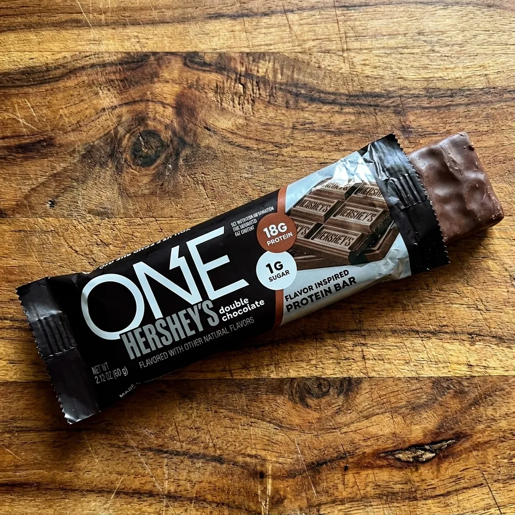 ONE brand Hershey's double chocolate flavor inspired protein bar partially unwrapped on a wood texture background