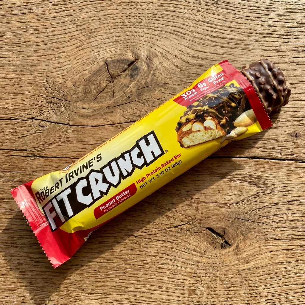 Robert Irvine's Fit Crunch peanut butter high protein baked bar partially unwrapped on a rustic wooden surface