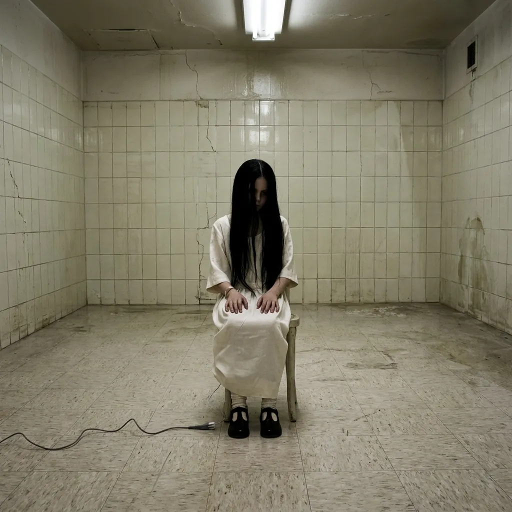 Creepy figure of a girl with long black hair obscuring her face, wearing a white dress and sitting on a stool in a dirty, abandoned tiled room.