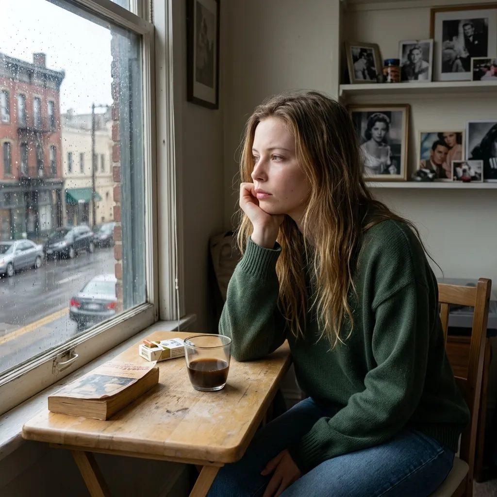 Pensive young woman in a green sweater looking out a window at a rainy city street, sitting at a wooden table with a coffee and a book.