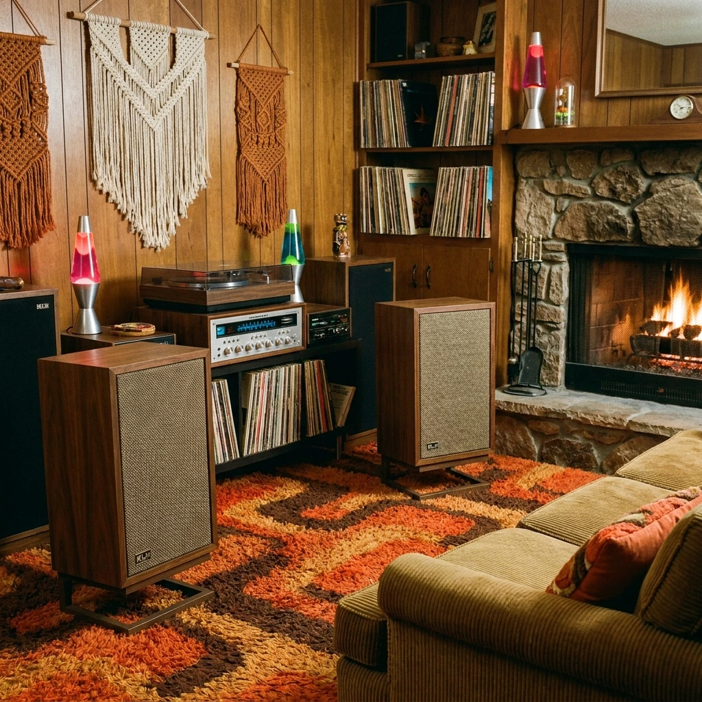A pair of retro KLH Model Four speakers styled in a cozy hi-fi listening room with 1970s aesthetic decor.