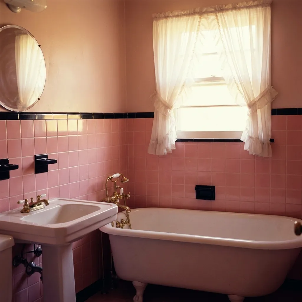 Retro bathroom featuring authentic pink wall tiles, a vintage porcelain bathtub, and white curtains