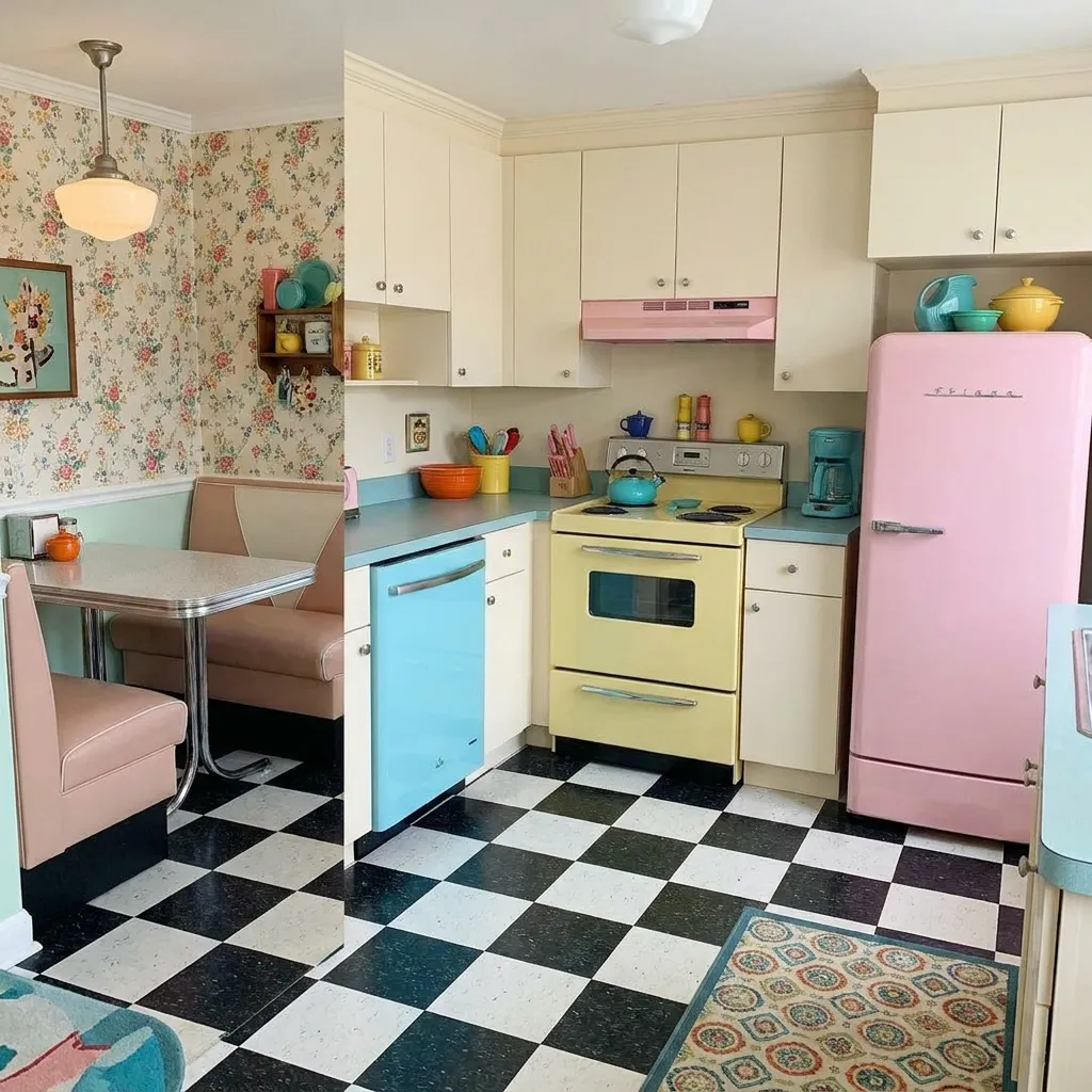Retro closed-concept kitchen featuring pastel appliances, checkered floors, and a small dining nook