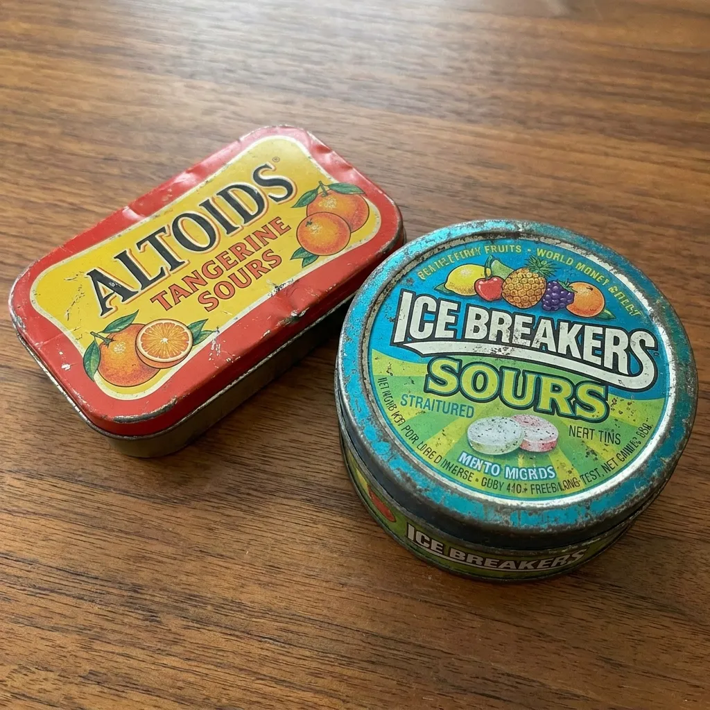 Vintage Altoids Tangerine Sours rectangular tin and retro Ice Breakers Sours round tin sitting on a wooden desk