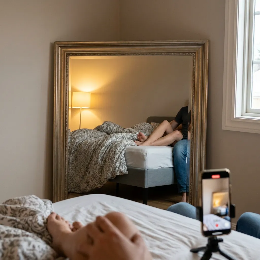 A smartphone mounted on a tripod recording a bedroom scene, reflecting a couple relaxing on a bed in a large floor mirror.