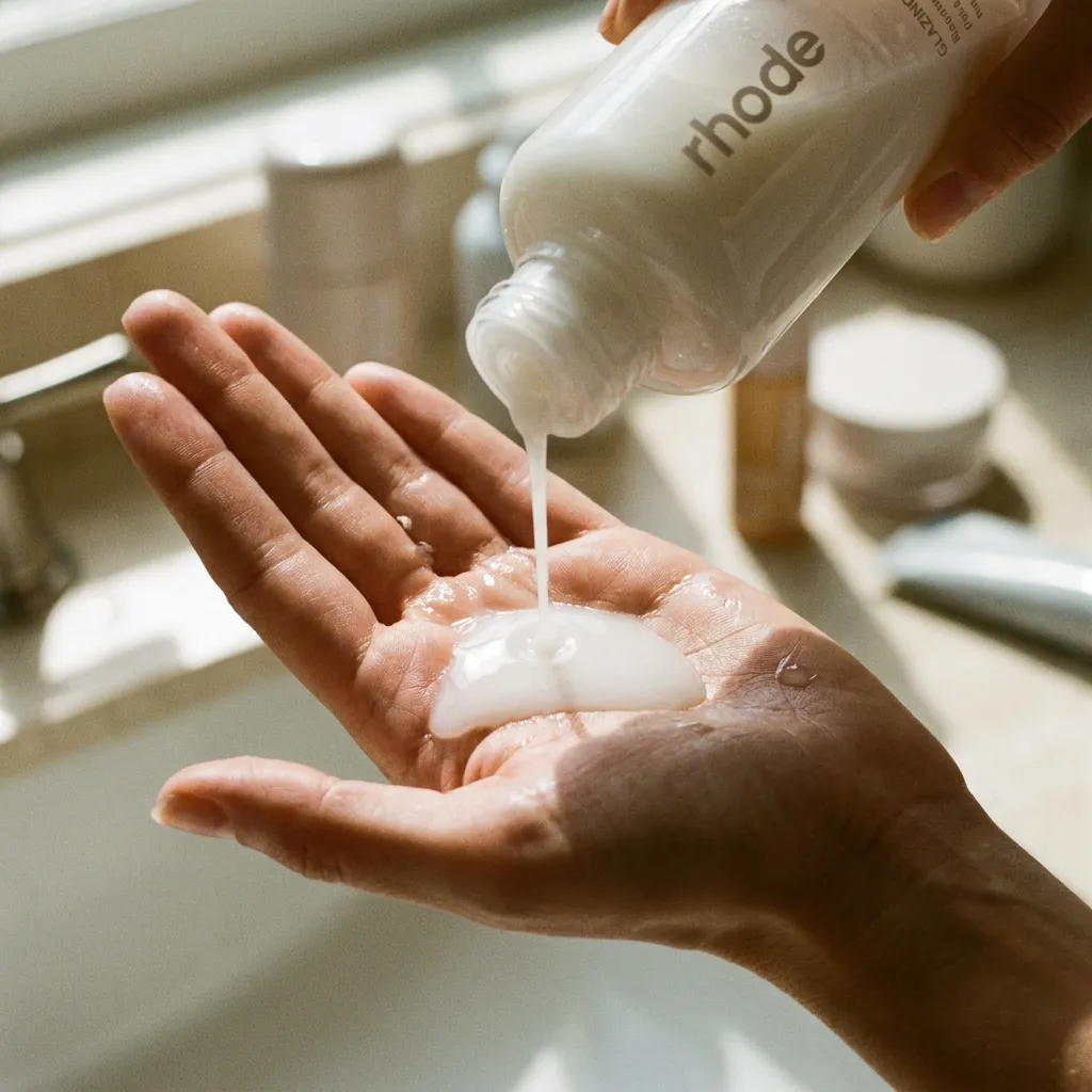 A close-up aesthetic shot of Rhode Glazing Milk being poured into a palm, highlighting its fluid, lightweight texture against a neutral background.