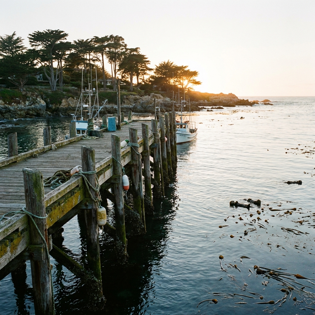 Scenic rustic pier extending over calm coastal waters in Monterey California