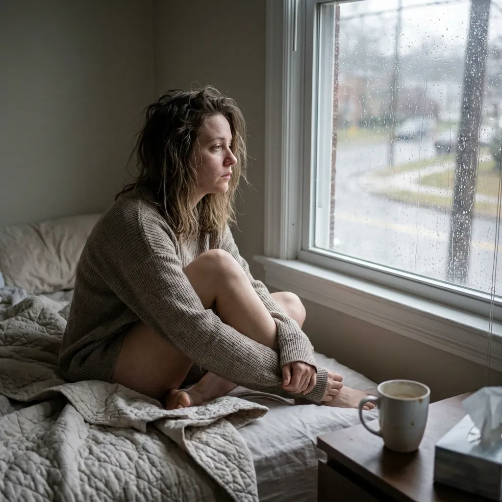 A sad woman sitting alone on her bed looking out the window, reflecting the emotional toll found in so many caught cheating stories