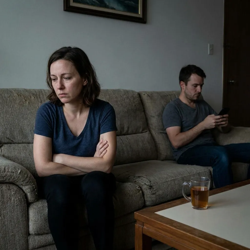 A thoughtful, sad woman sitting on a couch looking away from her partner, illustrating the painful signs your partner doesn't love you.