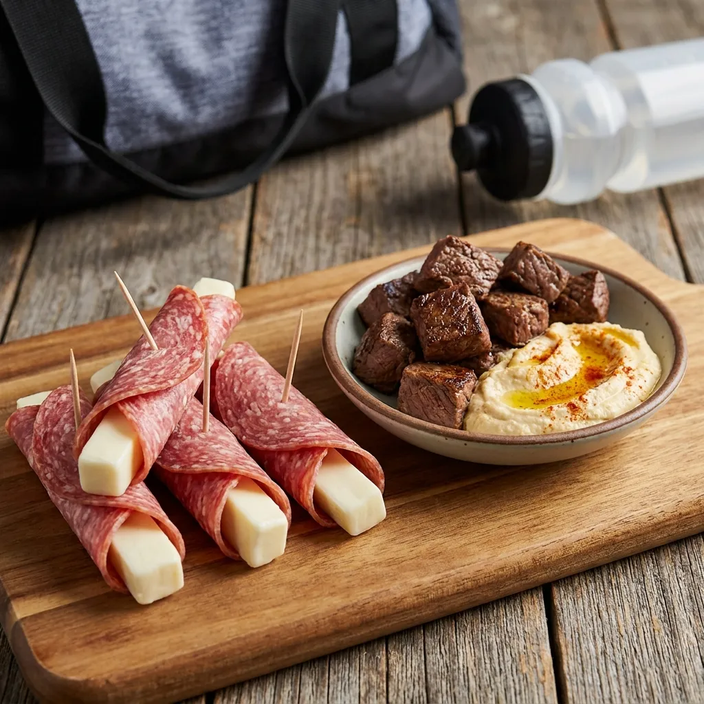High-protein keto snack board featuring salami and mozzarella cheese roll-ups with a side of cooked steak bites and homemade hummus.