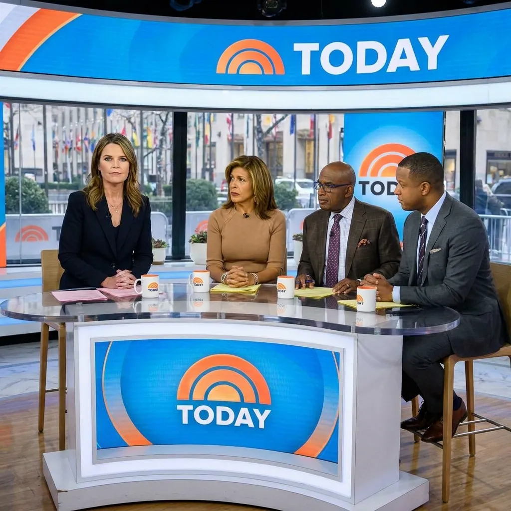 A wide shot of the TODAY show desk, with Savannah Guthrie looking directly into the camera with a somber expression, alongside her supportive co-hosts.