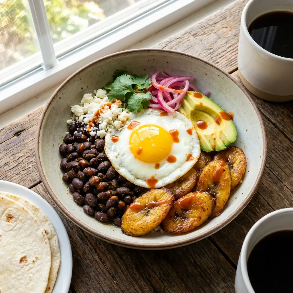 A savory breakfast bowl featuring cumin-spiced black beans, caramelized plantains, and a perfectly fried egg.
