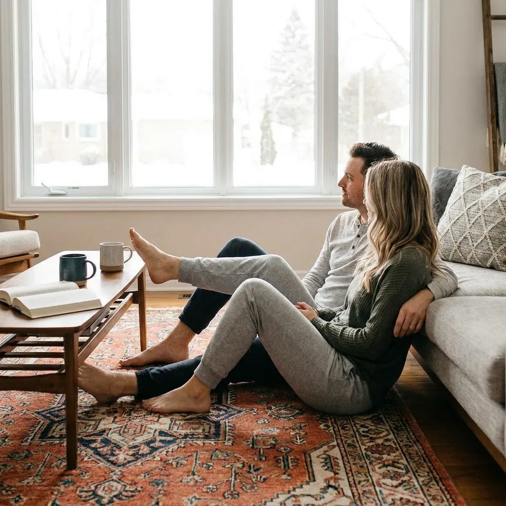A couple in cozy loungewear relaxing on a patterned rug, leaning against a gray sofa while looking out a large window.
