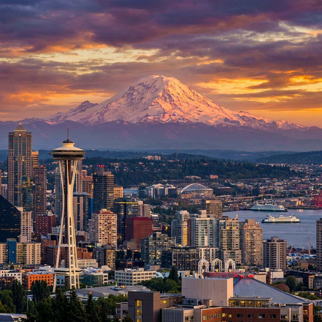 Majestic view of the Seattle skyline with the Space Needle and Mount Rainier in the background
