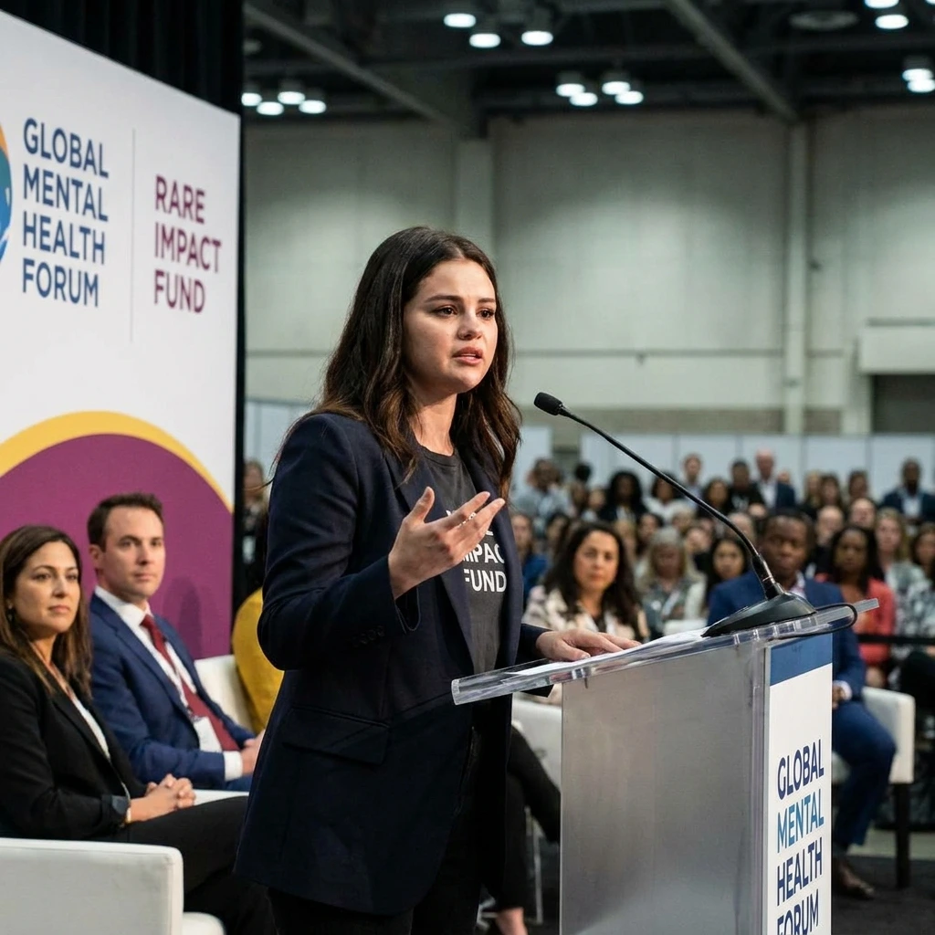 Selena Gomez speaking at a podium at the Global Mental Health Forum for the Rare Impact Fund wearing a dark blazer.