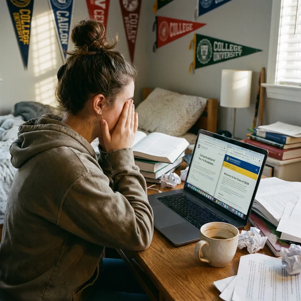 Overwhelmed high school senior covering her face while reviewing college acceptance letters on a laptop at a cluttered bedroom desk