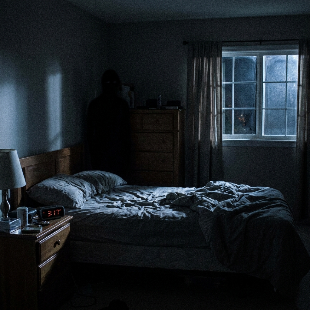 Eerie dark bedroom at night featuring an unmade bed, a red digital nightstand clock displaying 3:17, and a shadowy silhouette of a tall figure standing in the corner near a wooden dresser.