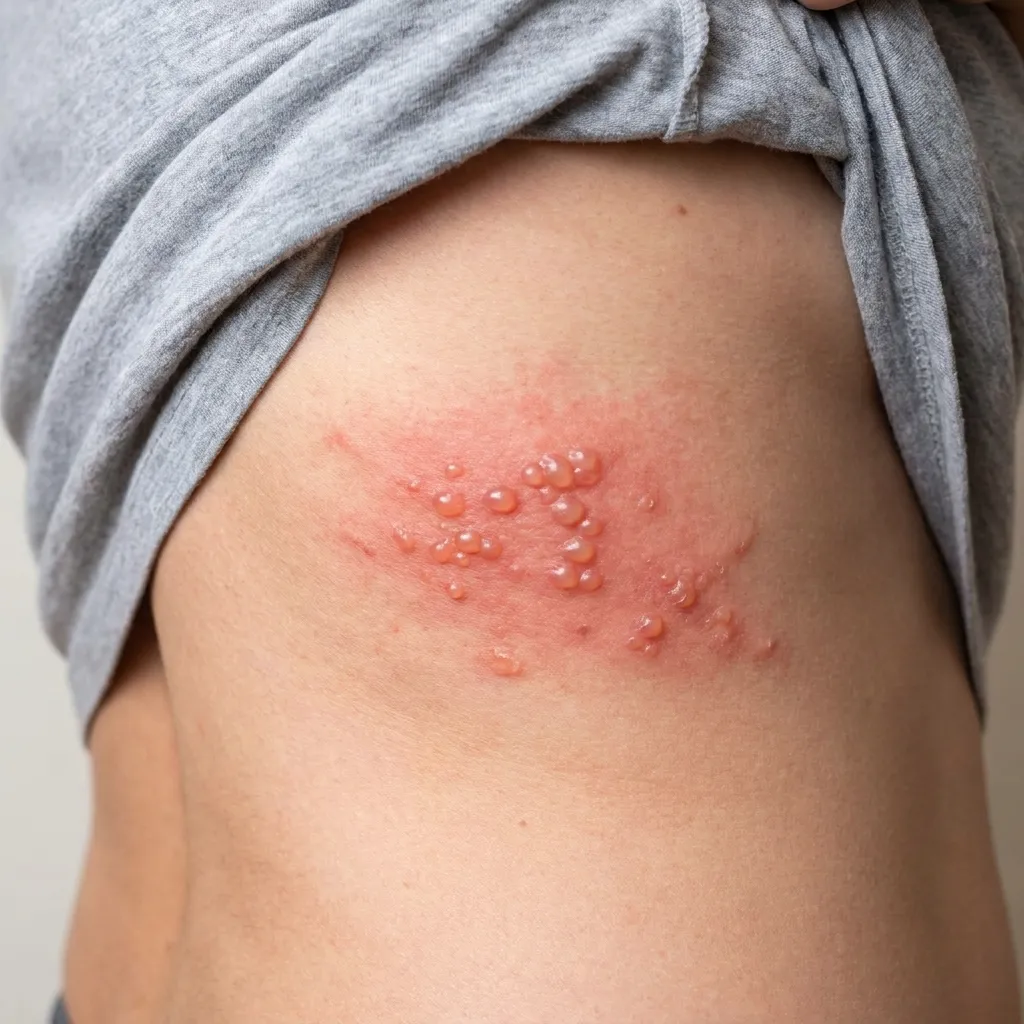 Patient lifting a grey shirt to reveal a cluster of painful, red shingles blisters on the side of their torso.