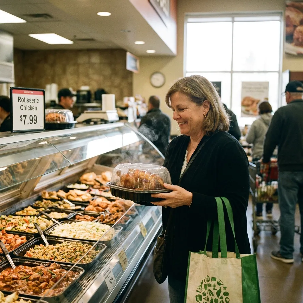 A shopper holding a packaged, ready-to-eat rotisserie chicken in the deli section