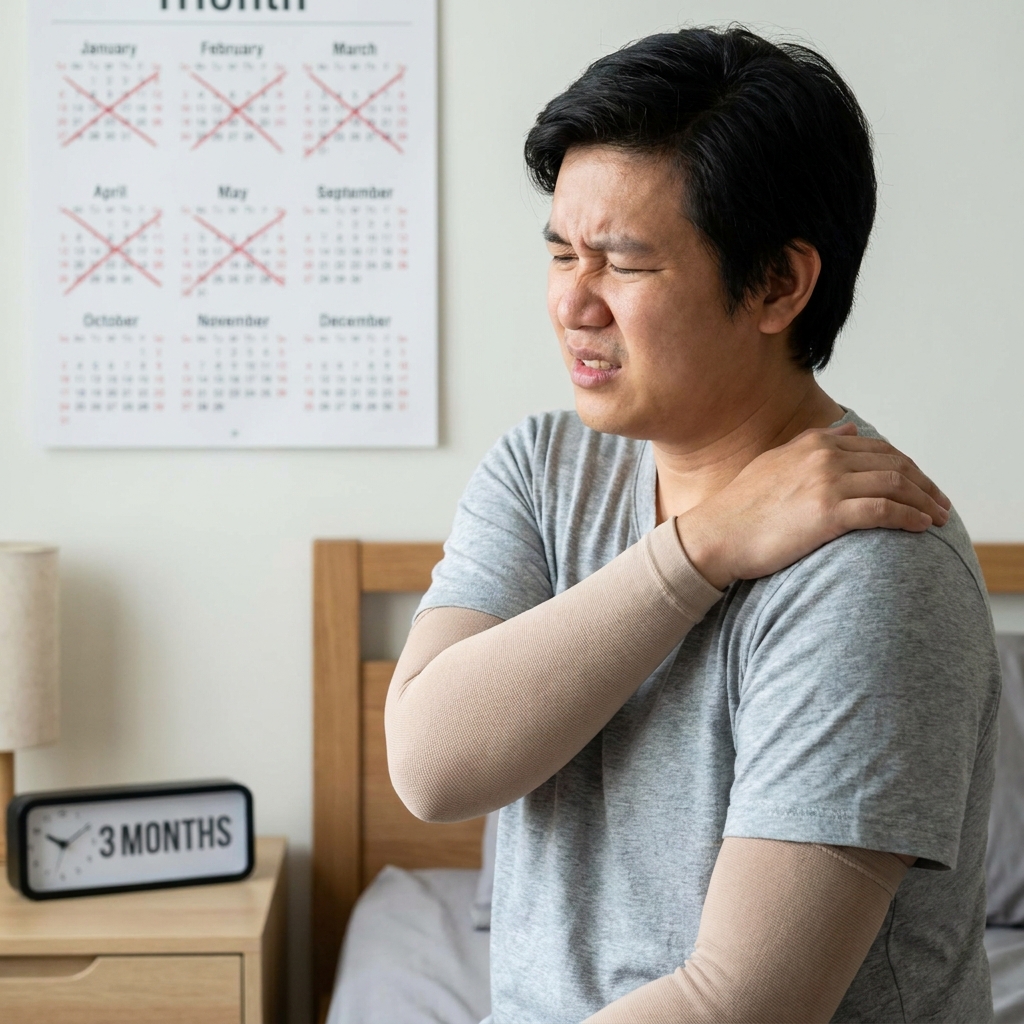 Young man wearing an arm compression sleeve holding his aching shoulder due to pain and limited motion while sitting on a bed