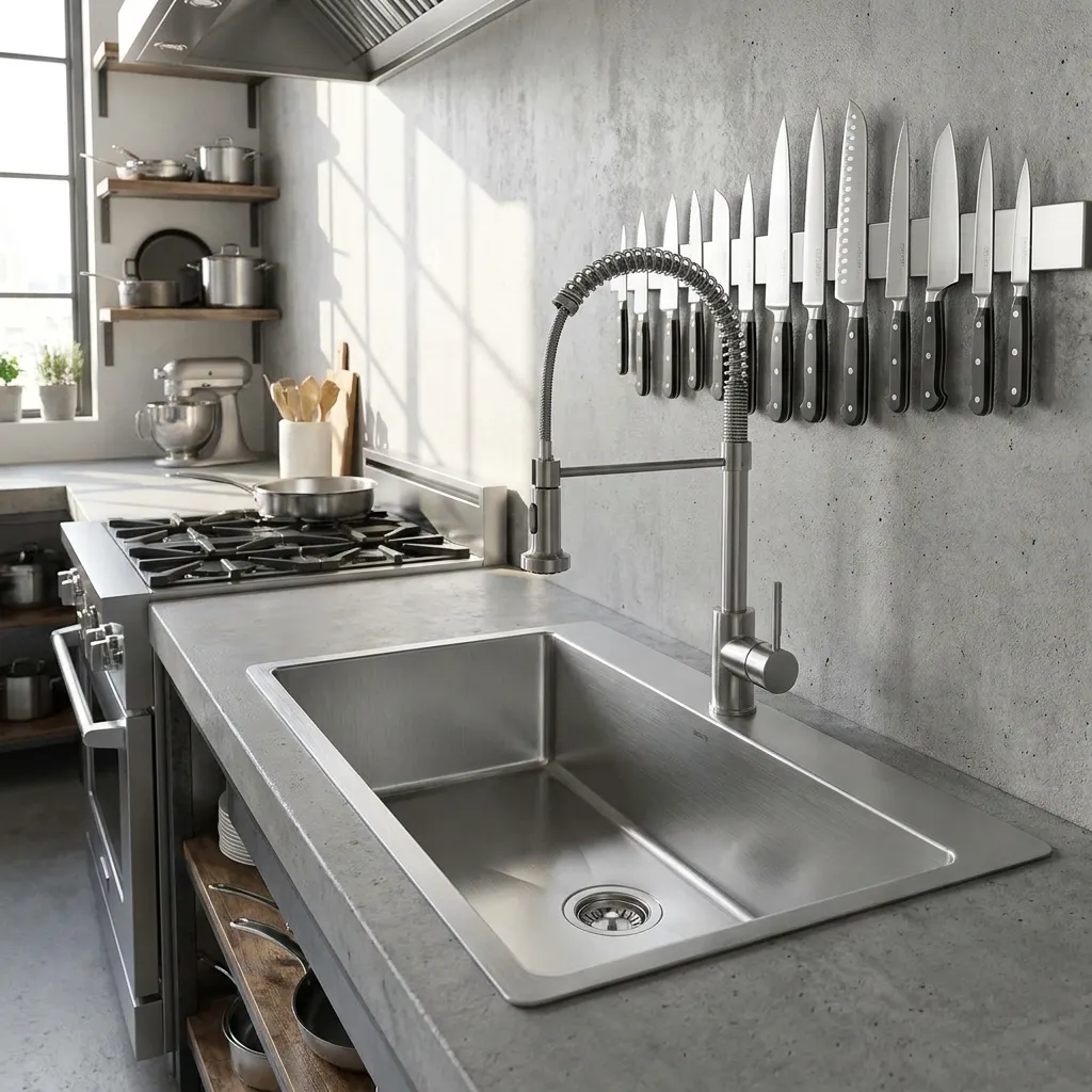 A modern, industrial-style kitchen featuring concrete countertops and backsplashes, a large stainless steel under-mount sink with a commercial-style spring pull-down faucet, and a wall-mounted magnetic strip holding a set of kitchen knives.