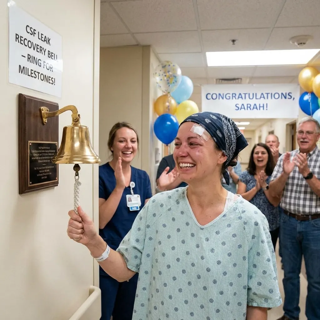 A joyful female patient in a hospital gown rings a CSF leak recovery bell, surrounded by cheering healthcare workers and family under a congratulations banner.