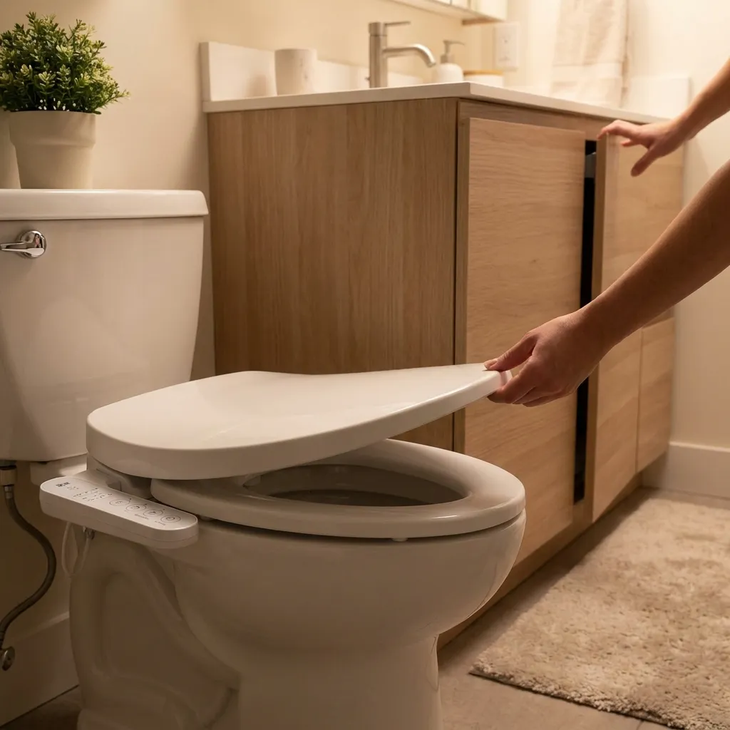 A person's hand gently lowering a white soft-close toilet lid onto a toilet equipped with a side-panel bidet attachment, set in a modern bathroom with light wood cabinetry.