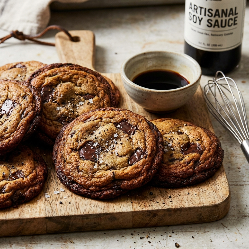 A pile of chocolate chip cookies sprinkled with sea salt on a wooden cutting board, placed next to a small bowl of soy sauce and a bottle labeled "Artisanal Soy Sauce".