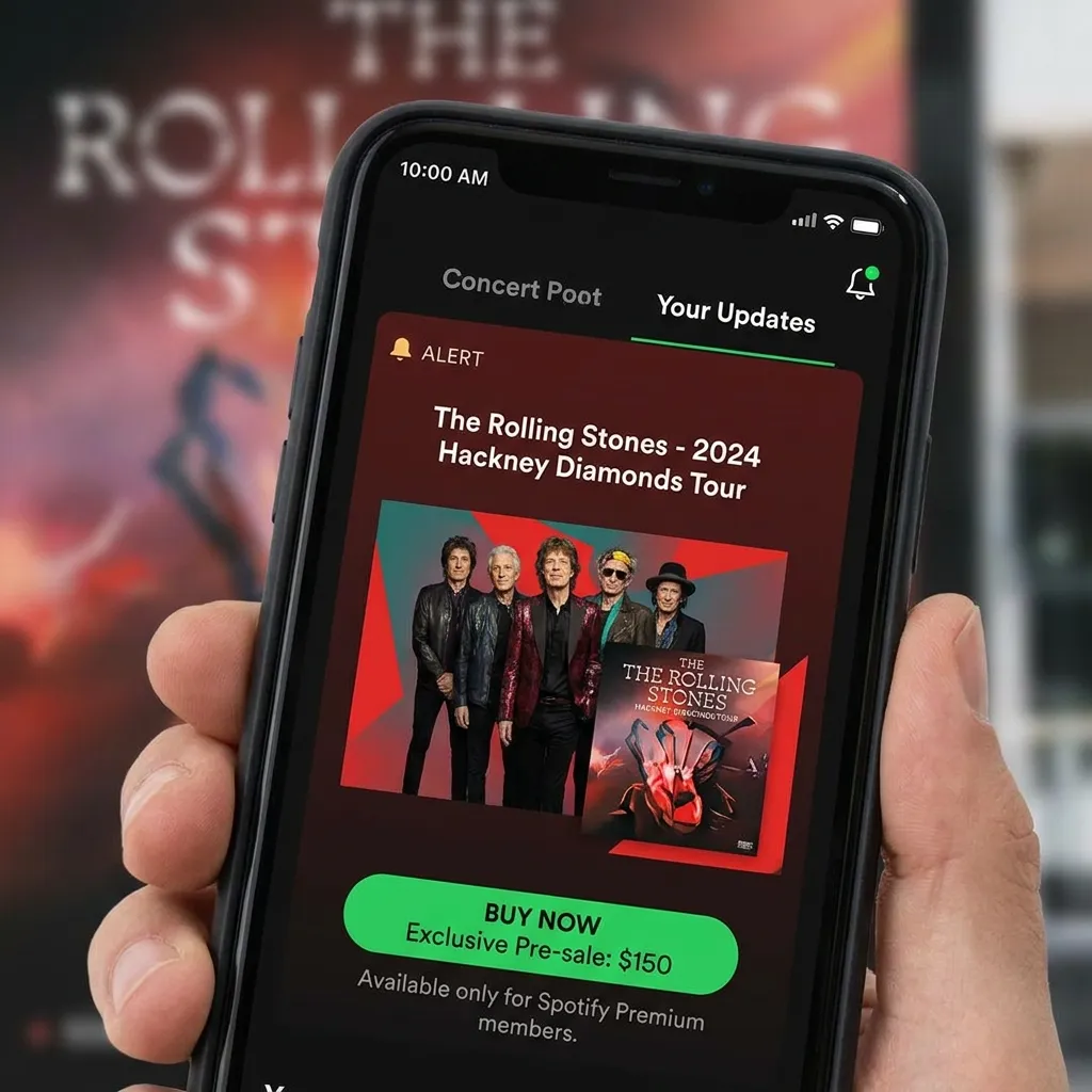 The Spotify app interface displaying a 'Buy Now' button for exclusive concert tour tickets under the Your Updates tab