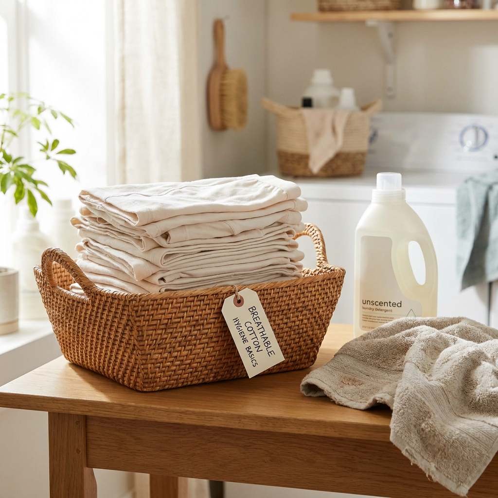 A stack of freshly folded cotton underwear next to a pastel-colored peri bottle