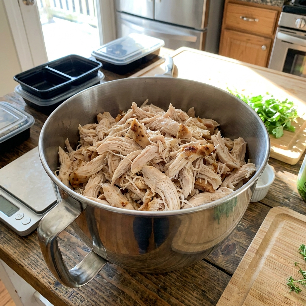 A large stainless steel mixing bowl filled to the brim with freshly shredded cooked chicken, sitting on a wooden kitchen counter.