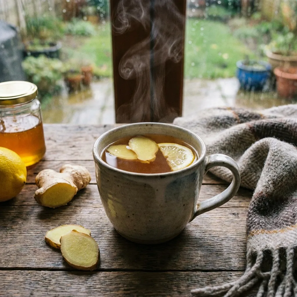 Cozy mug of steaming hot natural ginger and lemon tea with fresh honey on a rustic wooden table beside a rainy window.