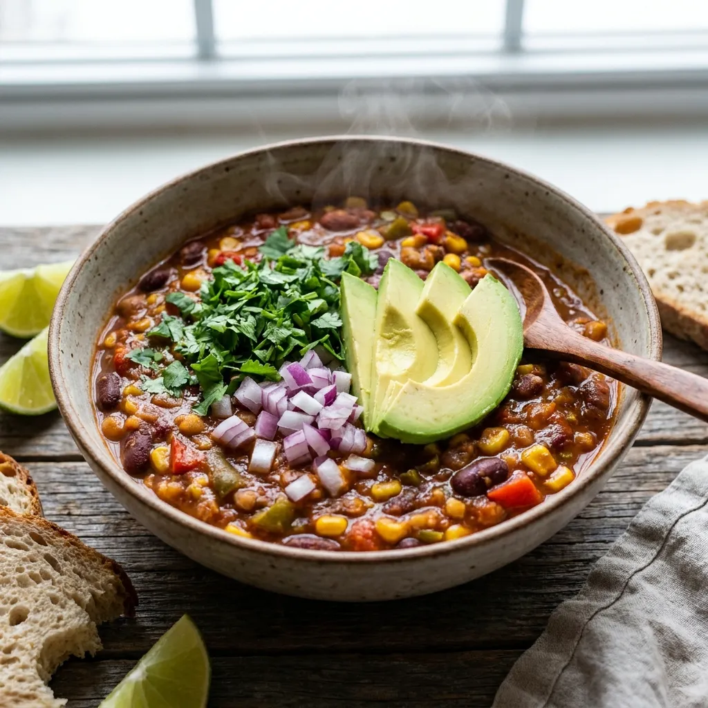 A steaming bowl of thick vegetarian bean chili garnished with fresh cilantro, diced onions, and sliced avocado.