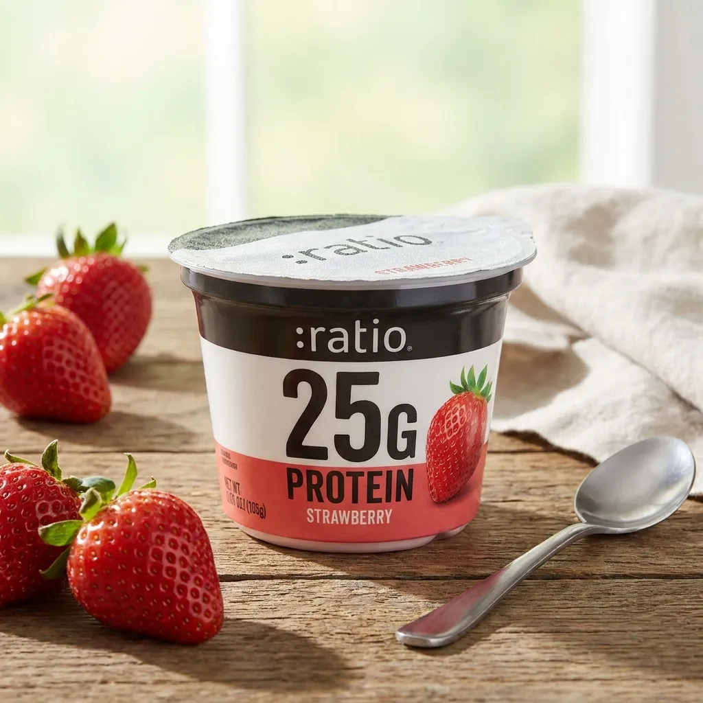 A strawberry-flavored :ratio protein yogurt container highlighting 25g of protein