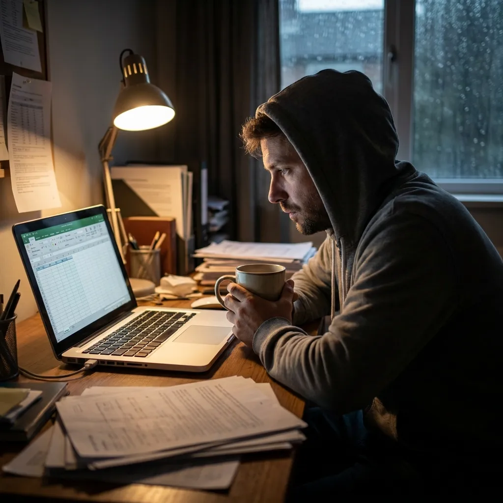 A stressed adult millennial holding a coffee cup and staring blankly at a laptop screen in a dimly lit home office.