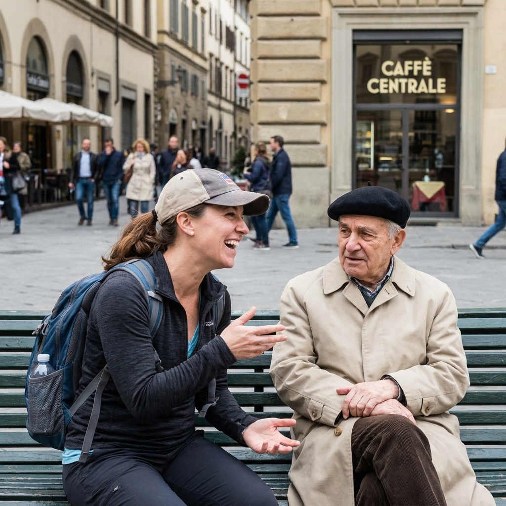 Smiling female traveler with a backpack sitting on a public bench and chatting with an older local man in a European city square.