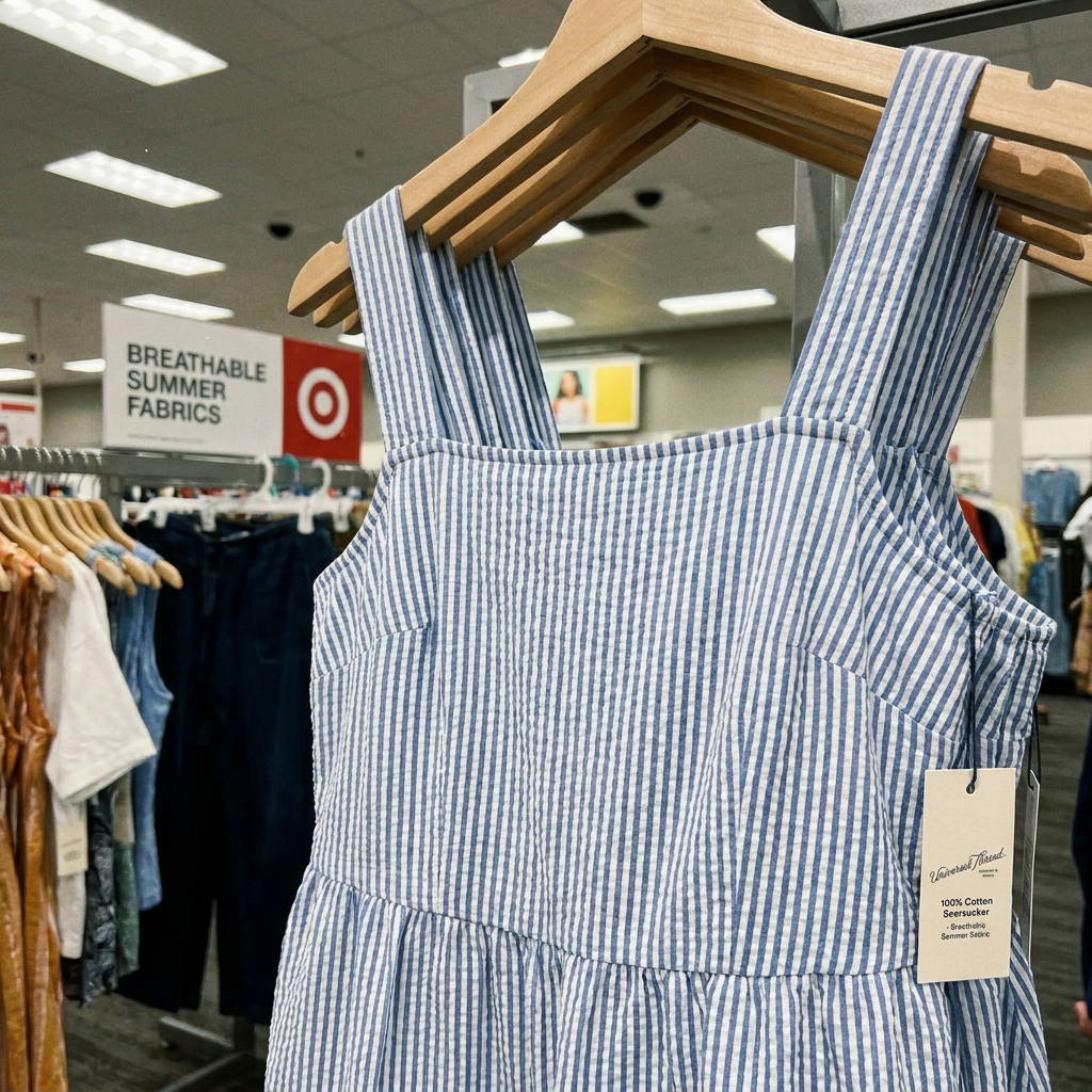 A sleeveless cotton seersucker sundress hanging on a retail rack