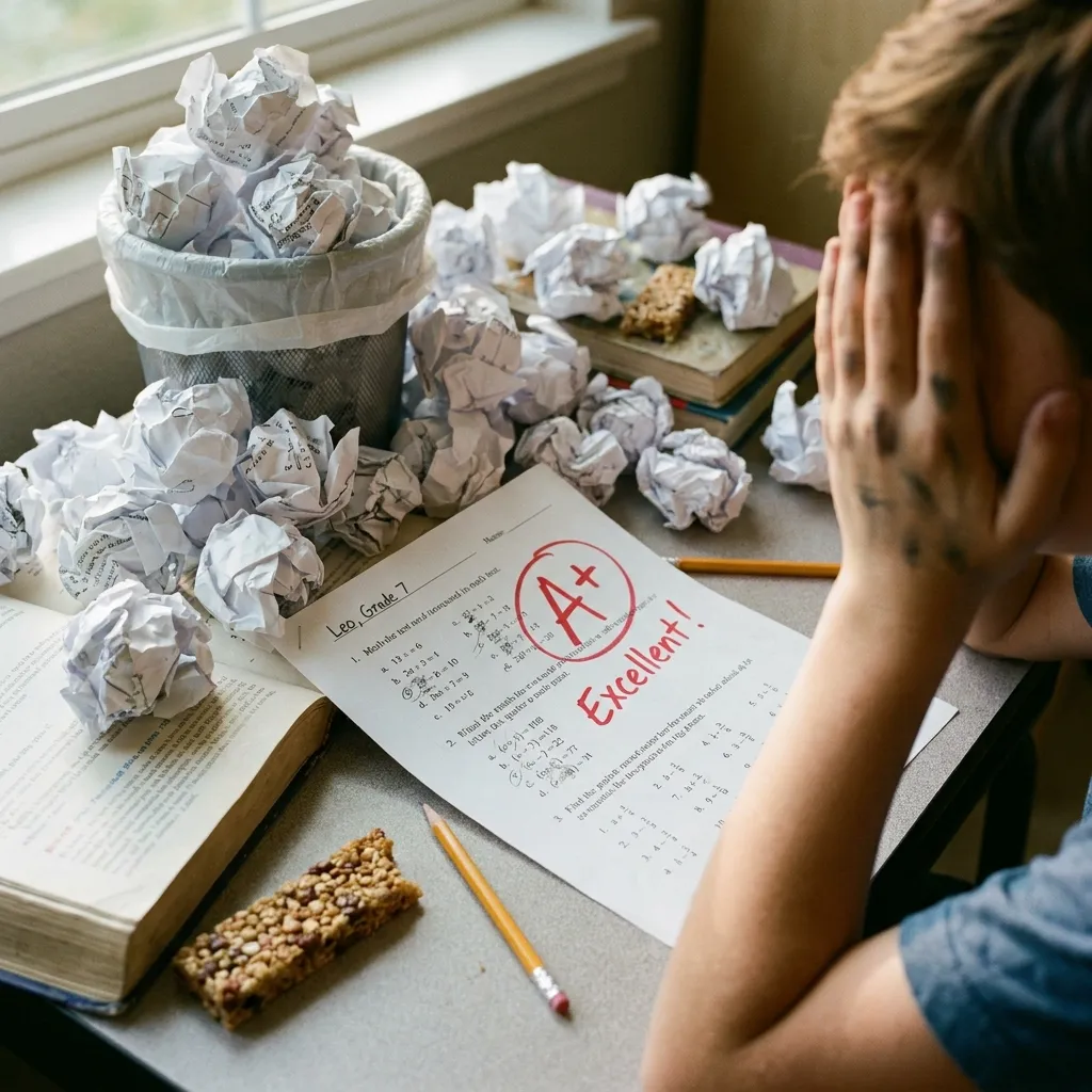 A close-up of a middle school student's desk covered in crumpled paper and a test graded with a red A+, highlighting the stressful, hidden pursuit of academic perfection.