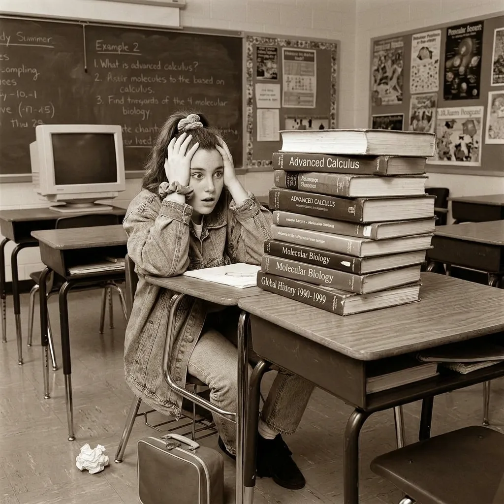 A nostalgic 1990s classroom setting with a young student looking overwhelmed by a towering stack of advanced textbooks on their desk.