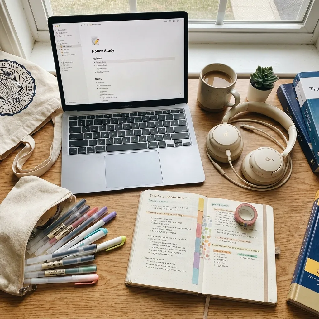 Flat lay of a student's aesthetic study setup featuring a laptop, planner, pens, and budget-friendly noise-canceling headphones