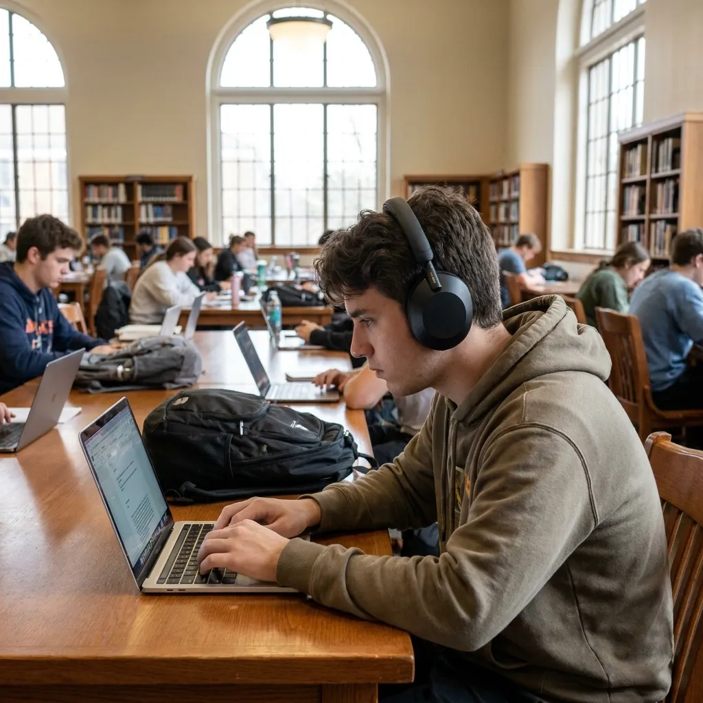A focused college student wearing the best ANC headphones for studying while typing on a laptop in a busy campus library