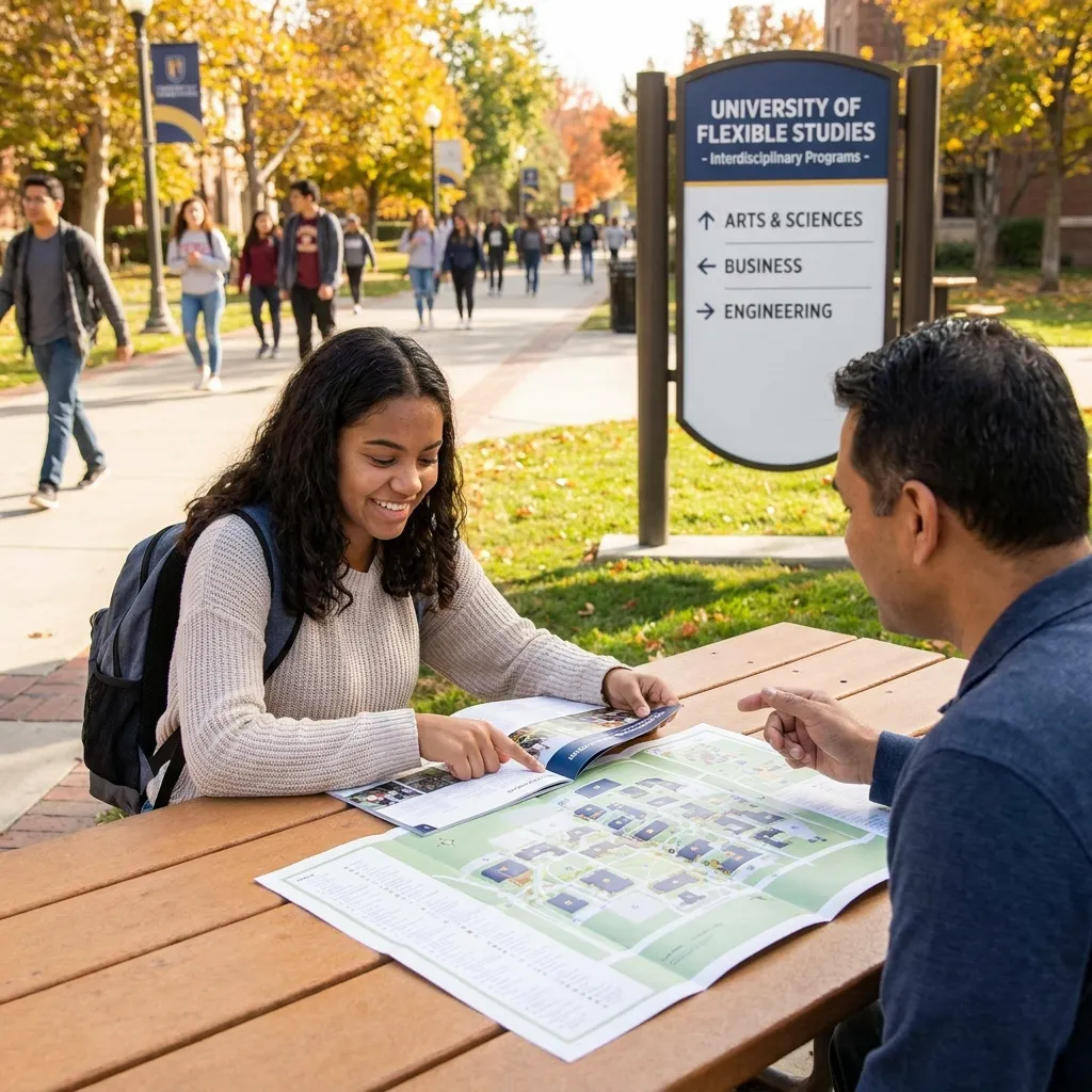 Female college student and academic advisor discussing degree options while reviewing a campus map and brochure at an outdoor picnic table