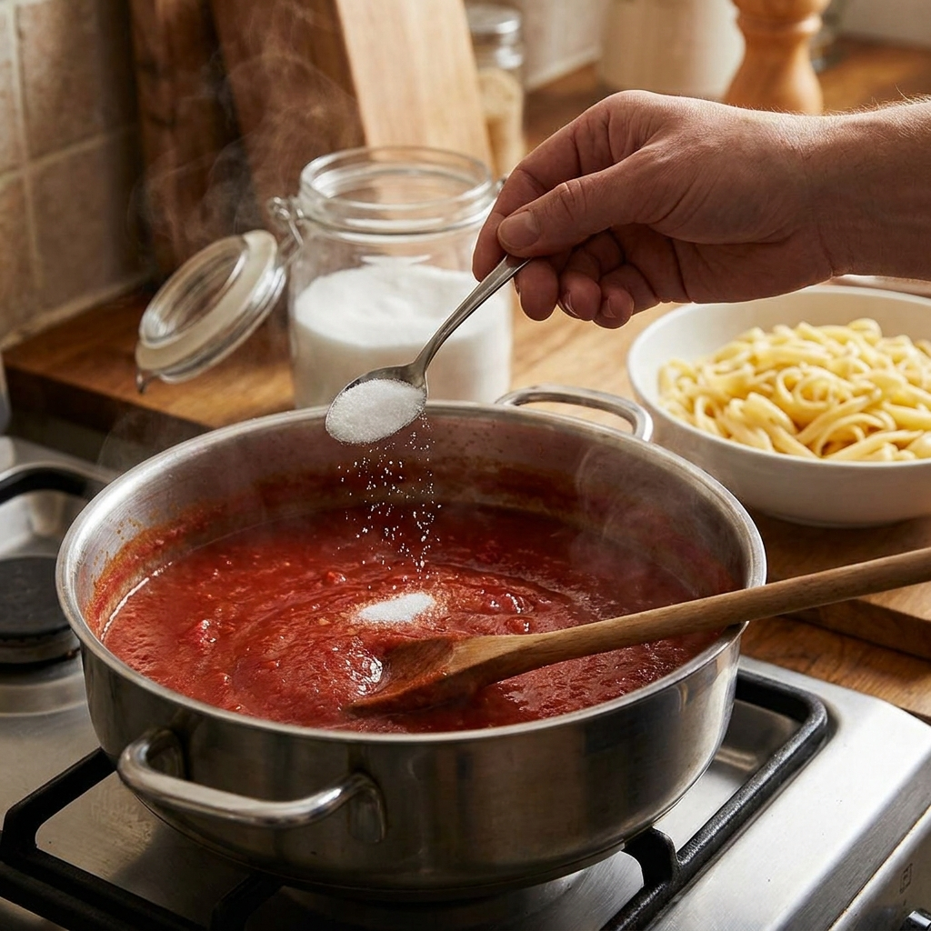 A hand sprinkling a spoonful of white sugar into a stainless steel pot of simmering red tomato sauce on a gas stovetop.