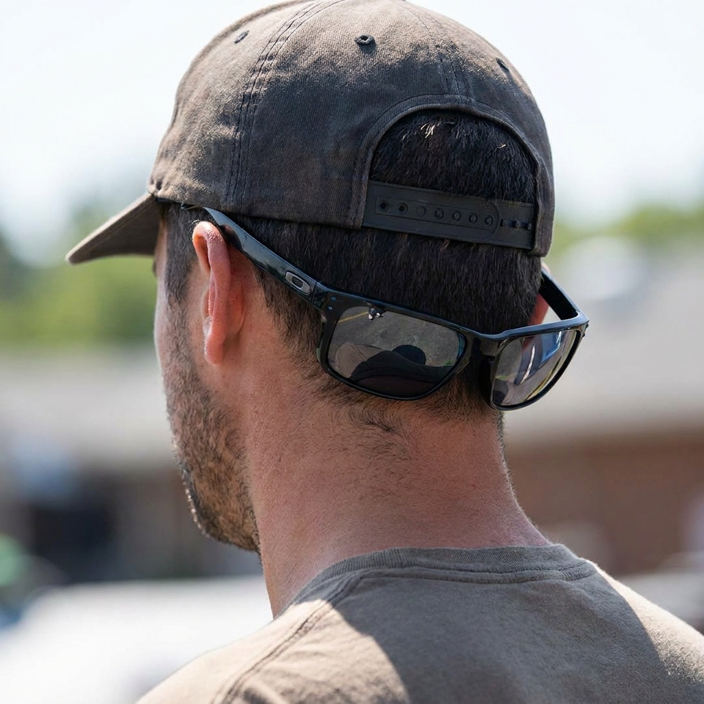 Back view of a man wearing a backward dark canvas baseball cap with black sports sunglasses resting casually on the back of his head.
