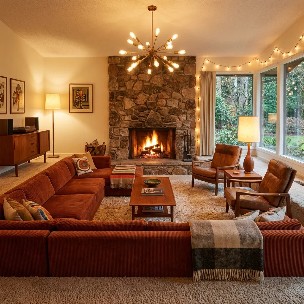 Cozy sunken living room with plush seating, warm lighting, and a midcentury modern aesthetic