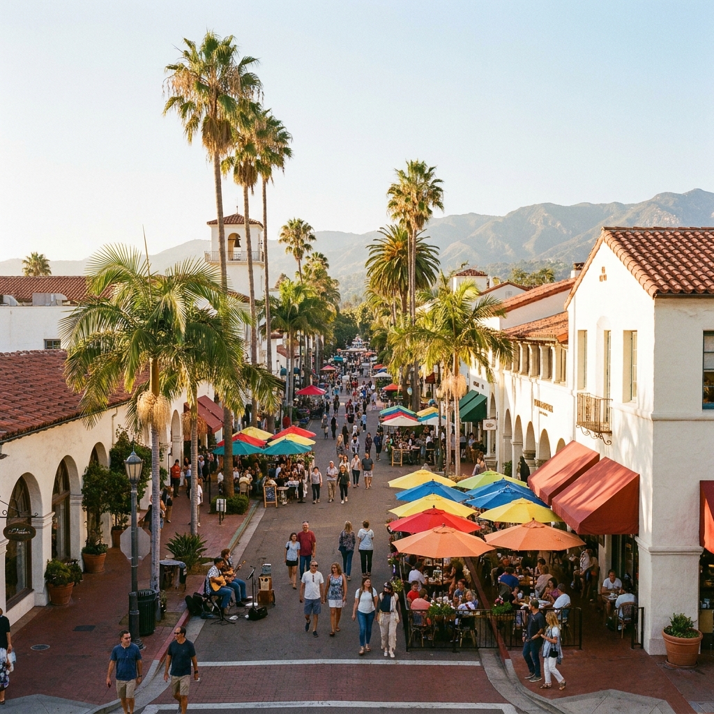 A sunny lively pedestrian street lined with palm trees and outdoor cafes in Santa Barbara