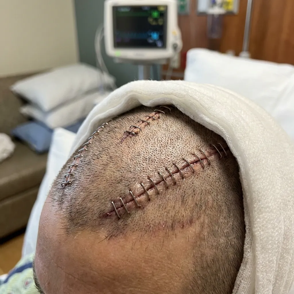 Close-up view of a patient's shaved head showing healing surgical incisions closed with medical staples in a hospital bed setting.