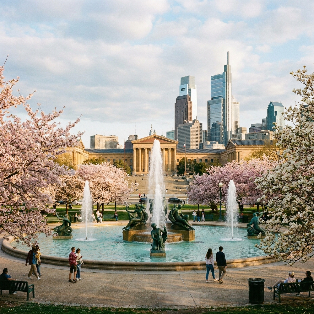 The beautiful Swann Memorial Fountain surrounded by blooming trees and the Philadelphia city skyline
