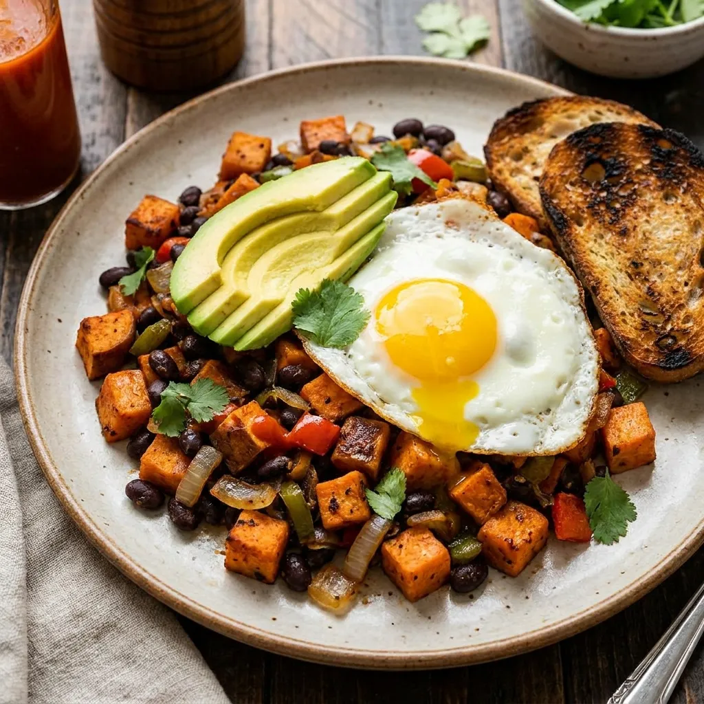 A hearty plate of sweet potato and black bean hash topped with fresh avocado slices and a fried egg.